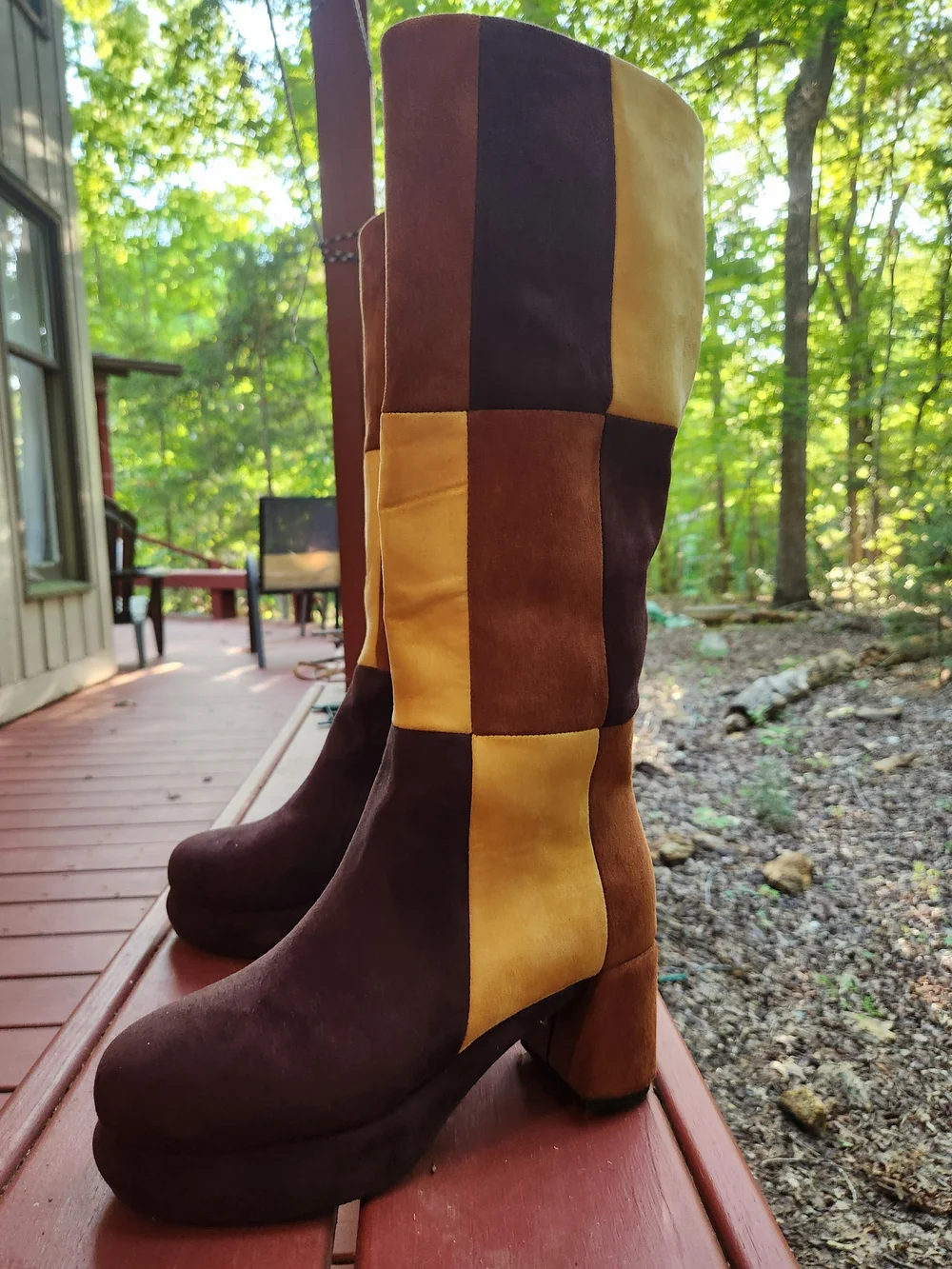 Patchwork Brown Vegan Suede Platform Knee Boots